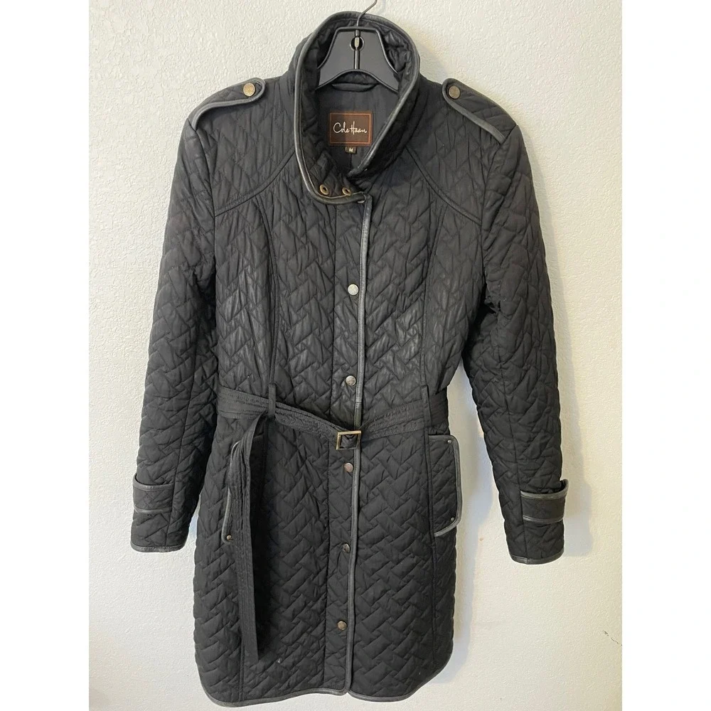 Cole Haan Womens Quilted Trench Coat Belted  Black Lamb Skin Trim‎ Medium